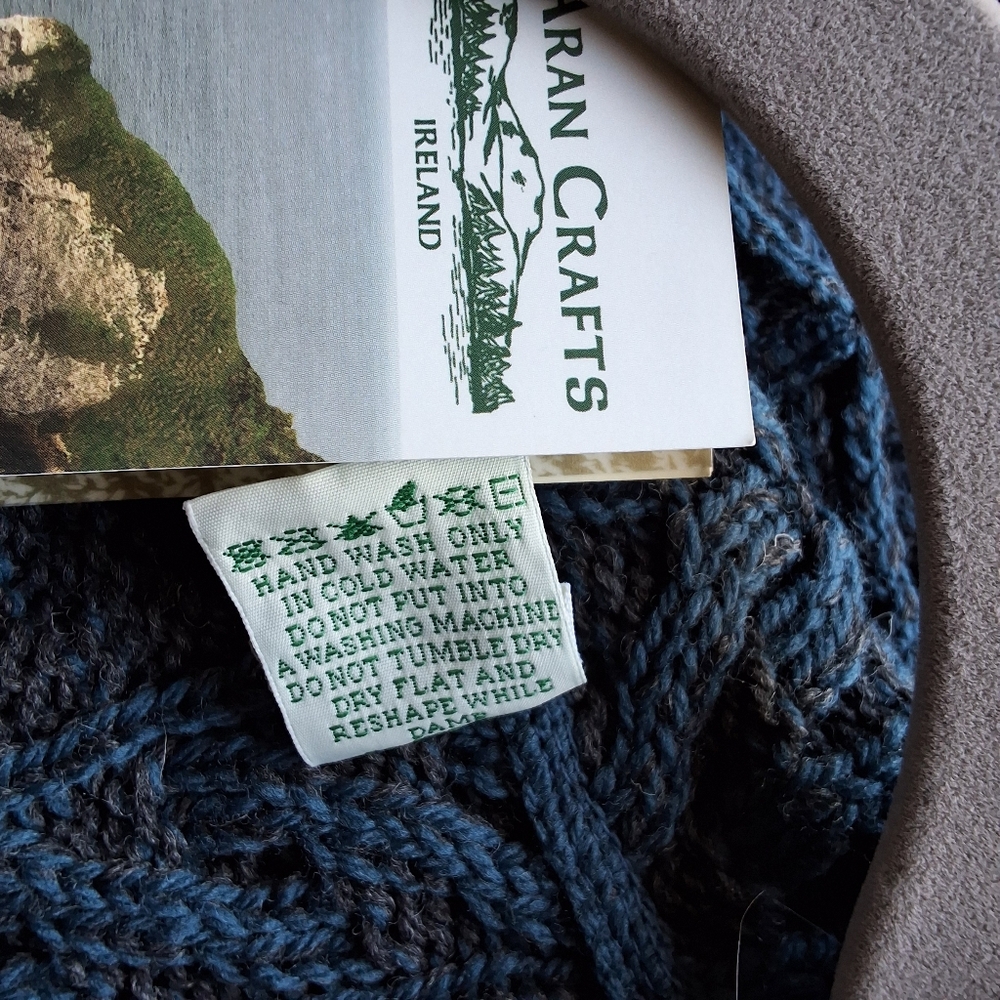 Aran Crafts Cable Knit Herringbone Shawl Collar Hooded Sweater Coat XS N… - Picture 9 of 9